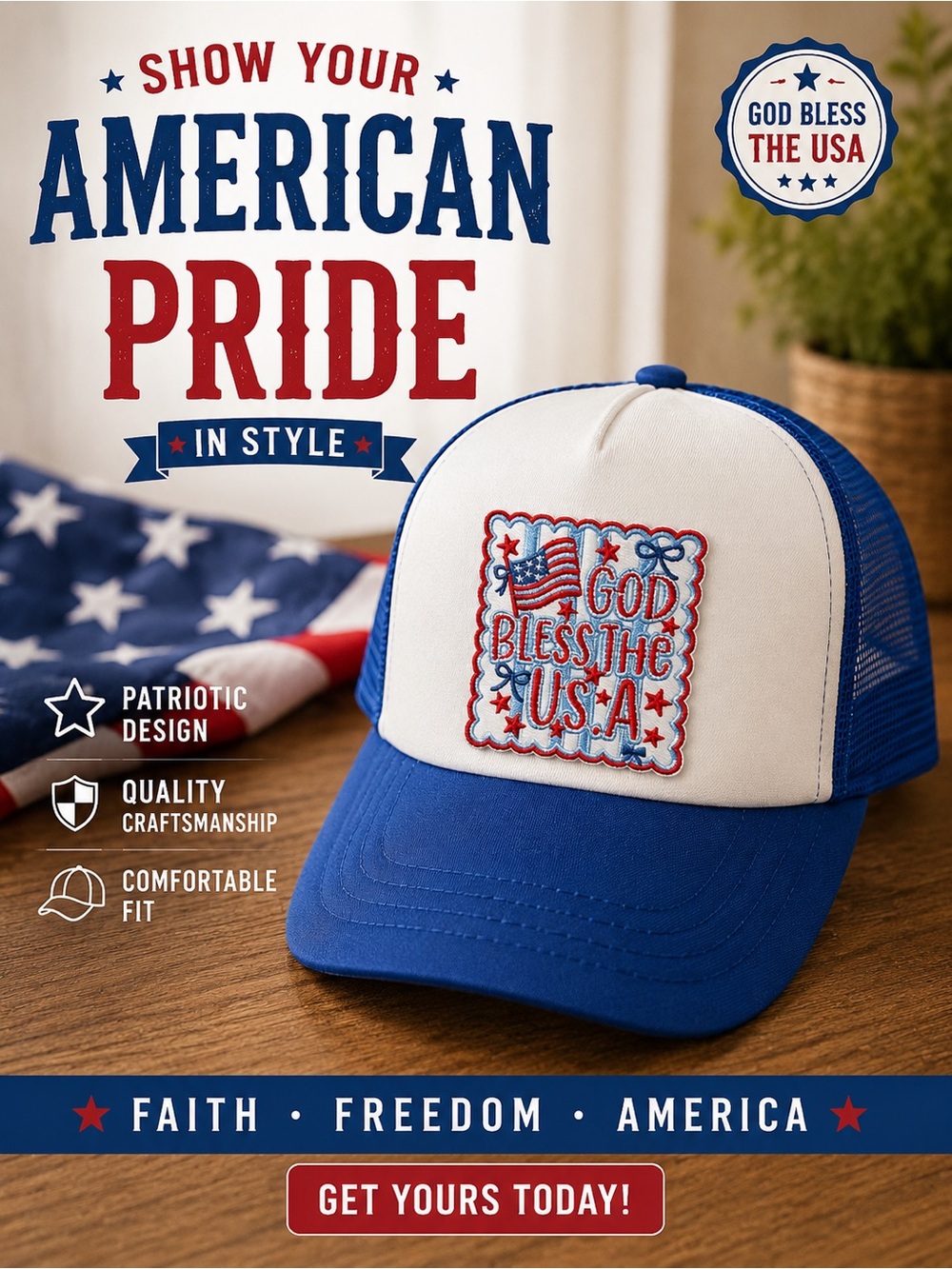 Amazon Blue and White 'God Bless The USA' Trucker Hat